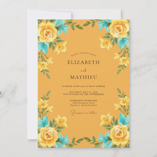 Ochre Turquoise Ranunculus Eucalyptus Bruiloft Kaart (Voorkant)