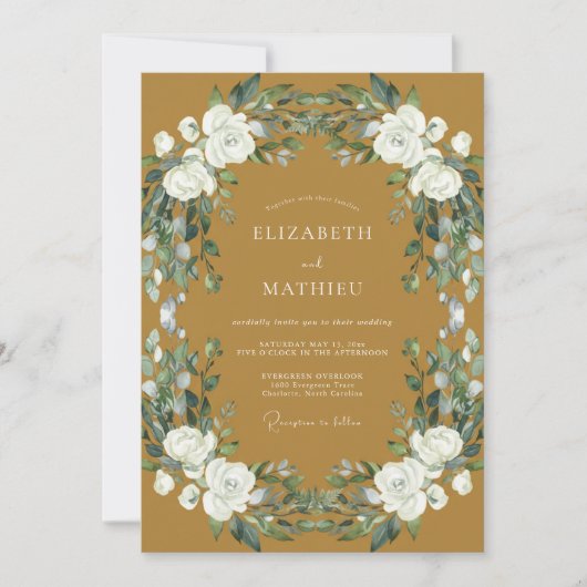 Ochre Witte Rozen Bruiloft Kaart (Voorkant)