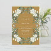 Ochre Witte Rozen Bruiloft Kaart (Staand voorkant)