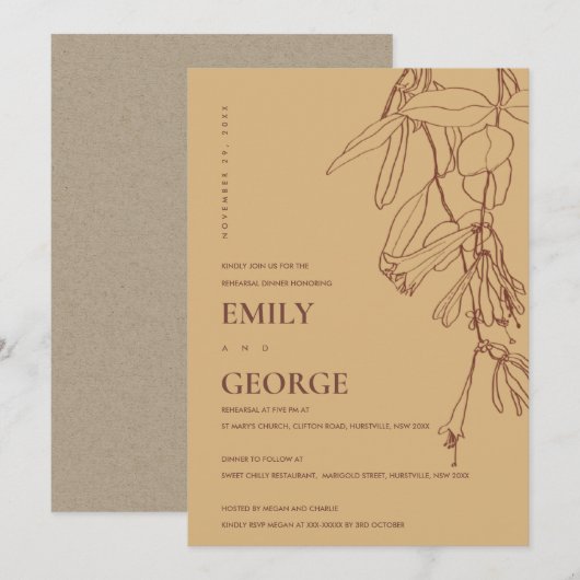 OCHRE YELLOW DRAWING FLORA REHEARSAL DINNER INVITE BEDANKKAART (Voorkant / Achterkant)