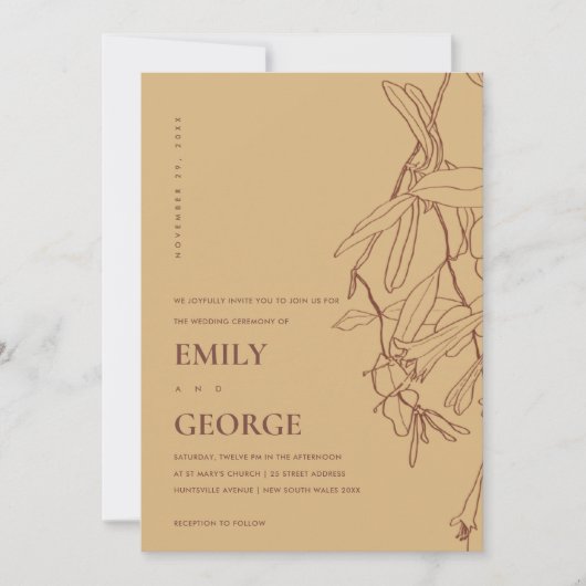 OCHRE YELLOW LINE DRAAIENDE FLORAL WEDDING INVITE BEDANKKAART (Voorkant)