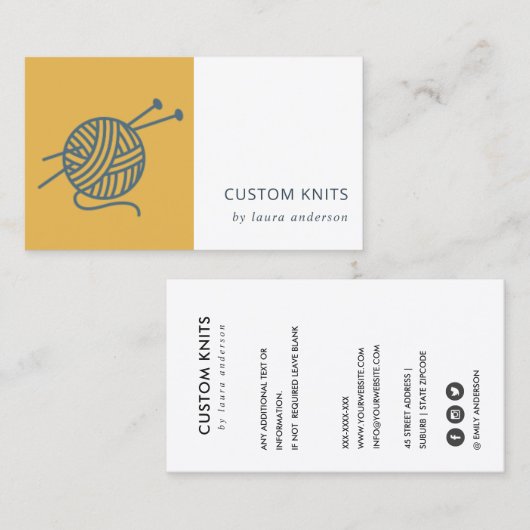 OCHRE YELLOW NAVY GRAY KNITTING WOOL YARN BALL VISITEKAARTJE (Voorkant / Achterkant)