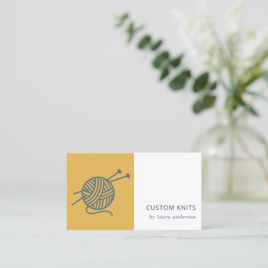 OCHRE YELLOW NAVY GRAY KNITTING WOOL YARN BALL VISITEKAARTJE (Staand voorkant)