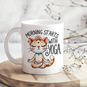 "Ochtend begint met yoga" Grappige Kattenliefhebbe Koffiemok