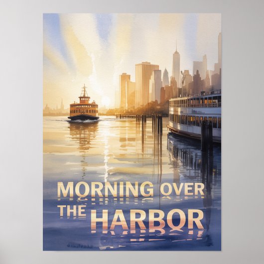 Ochtend boven New York Harbor Aquarel Poster (Voorkant)