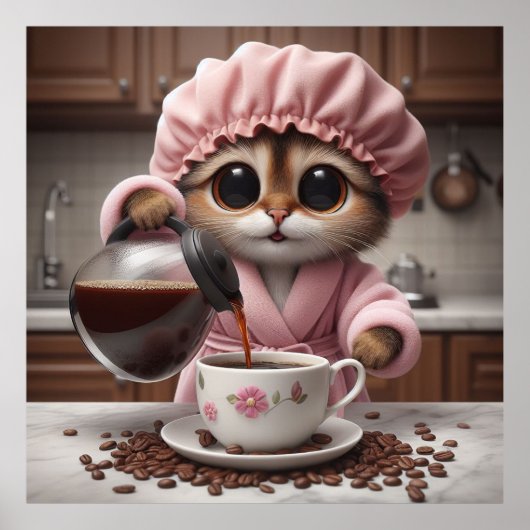 Ochtend Gesponnen-fection - Whimsical Cat Barista Poster (Voorkant)