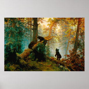 Ochtend in een dennenbos Beer met welpen Shishkin  Poster