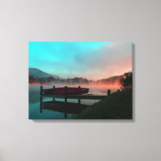 Ochtend op het meer met kano. canvas afdruk (Voorkant)
