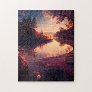 Ochtend zonsopgang boven een rustig meer legpuzzel