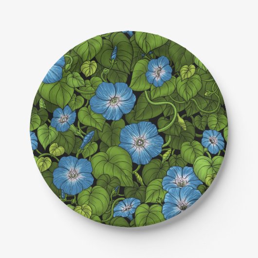 Ochtendglorie in blauw en groen papieren bordje (Voorkant)