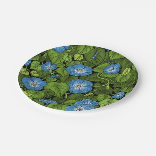 Ochtendglorie in blauw en groen papieren bordje (Gekanteld)