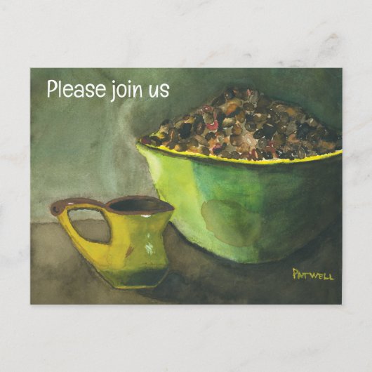 Ochtendkoffie w/Bowl of Coffee Beans (Waterverf) Uitnodiging Briefkaart (Voorkant)