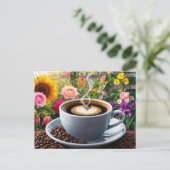 Ochtendkopje koffie en prachtige bloementuin briefkaart (Staand voorkant)
