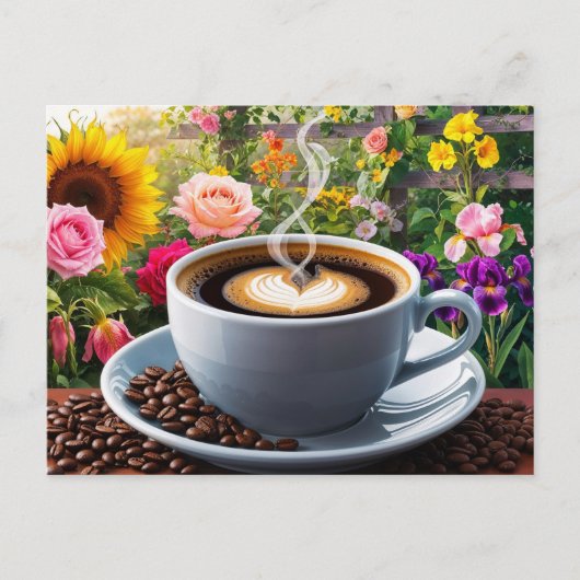 Ochtendkopje koffie en prachtige bloementuin briefkaart (Voorkant)