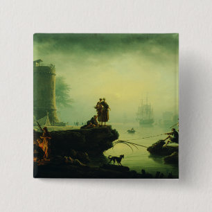 Ochtendmist op zee door Joseph Vernet  Vierkante Button 5,1 Cm