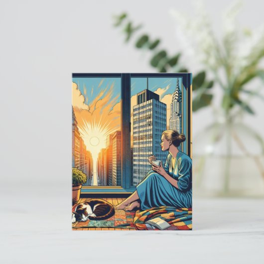 Ochtendtijd in de stad | Vrouw reflecteert Briefkaart (Staand voorkant)