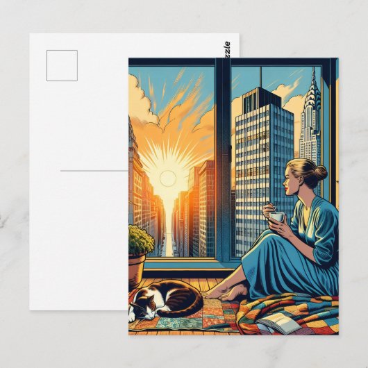 Ochtendtijd in de stad | Vrouw reflecteert Briefkaart (Voorkant / Achterkant)