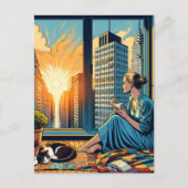 Ochtendtijd in de stad | Vrouw reflecteert Briefkaart (Voorkant)