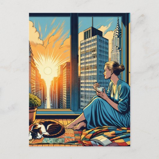 Ochtendtijd in de stad | Vrouw reflecteert Briefkaart (Voorkant)