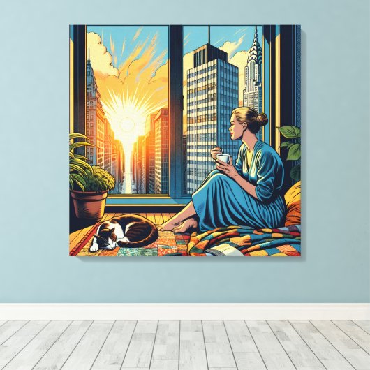 Ochtendtijd in de stad | Vrouw reflecteert Canvas Afdruk (Insitu (Houten vloer))