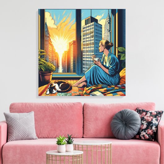 Ochtendtijd in de stad | Vrouw reflecteert Canvas Afdruk (Insitu (Woonkamer))