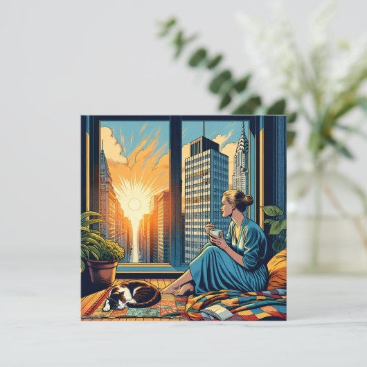 Ochtendtijd in de stad | Vrouw reflecteert Kaart (Staand voorkant)