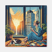 Ochtendtijd in de stad | Vrouw reflecteert Magneet (Voorkant)