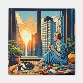 Ochtendtijd in de stad | Vrouw reflecteert Magneet