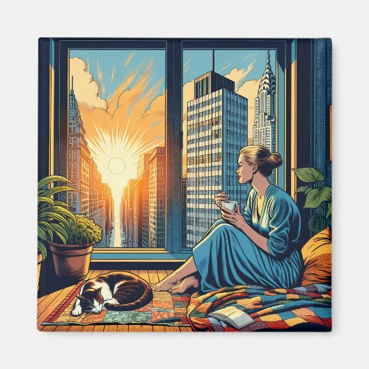 Ochtendtijd in de stad | Vrouw reflecteert Magneet (Voorkant)