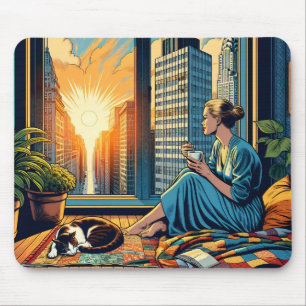 Ochtendtijd in de stad   Vrouw reflecteert Muismat