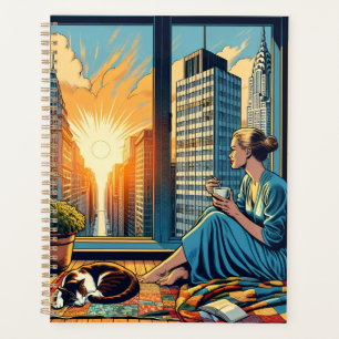 Ochtendtijd in de stad   Vrouw reflecteert Planner