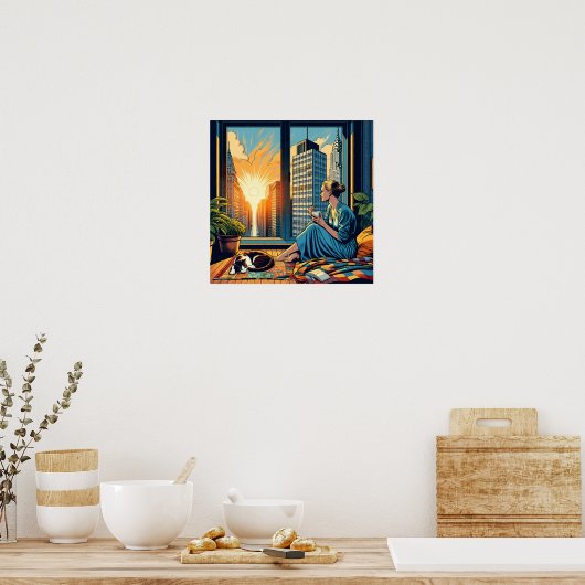 Ochtendtijd in de stad | Vrouw reflecteert Poster (Keuken)