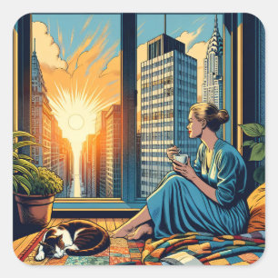 Ochtendtijd in de stad Vrouw reflecteert Vierkante Sticker