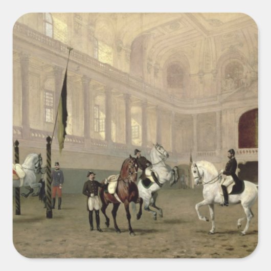 Ochtenoefening in de Hofreitschule Vierkante Sticker (Voorkant)