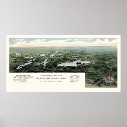 Oconomowoc and Waukesha, WI Panoramic Map - 1890 Poster (Voorkant)
