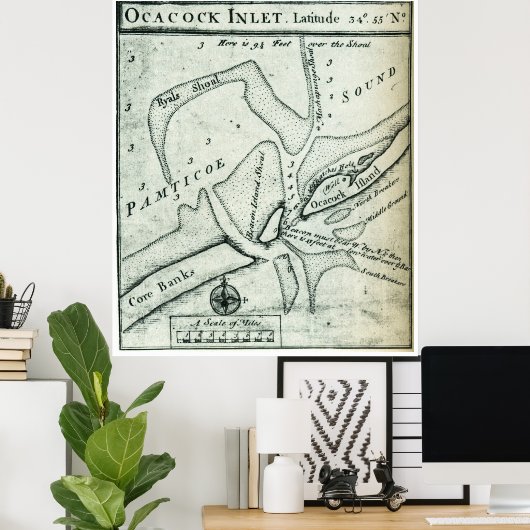Ocracoke Inlet Map - Blackeard's Anchoring (1733) Poster (Thuiskantoor)
