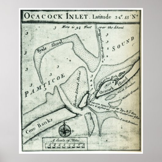 Ocracoke Inlet Map - Blackeard's Anchoring (1733) Poster (Voorkant)