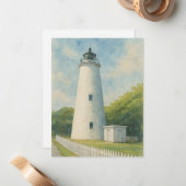 Ocracoke Lighthouse Watercolor Notitiekaartje (Voorkant / Achterkant in situ)