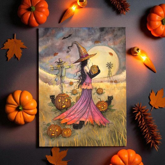 October Fields Halloween Heks en Katten Fantasie Kaart