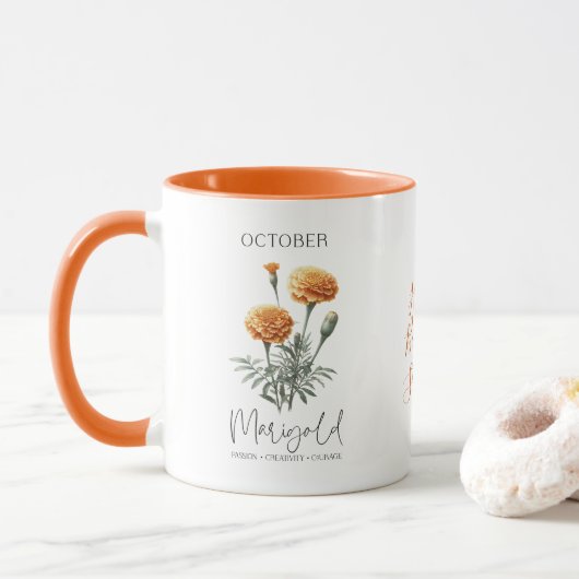 October Geboortemaand Bloem Fluweelbloem Verjaarda Mok (Met donut)
