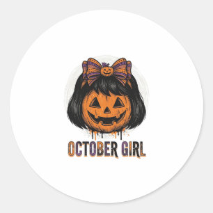 October Girl Pompoen Boog Halloween Vector Ontwerp Ronde Sticker