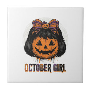 October Girl Pompoen Boog Halloween Vector Ontwerp Tegeltje