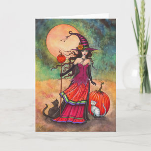 October Moon Halloween Heks en Katten Illustratie Kaart