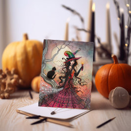 October Vlam Halloween Heks Zwarte Kat Kunst Kaart