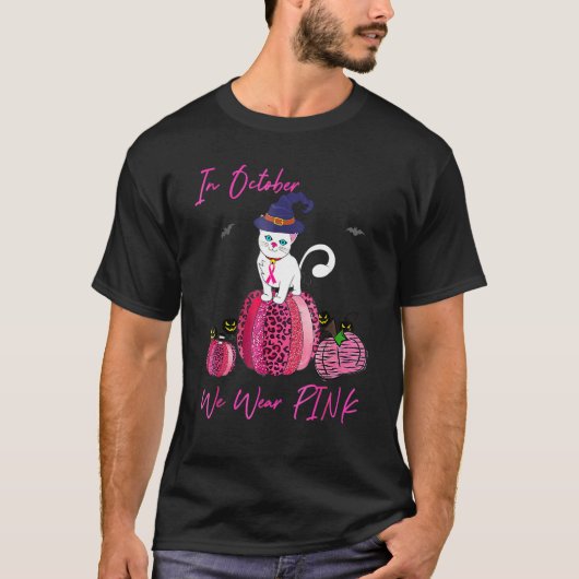 October We Wear Pink Pumpkin Cat With Witch Hat Ha T-shirt (Voorkant)