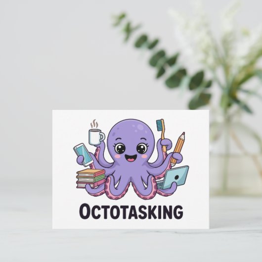 Octopasken in multitaskmodus feestdagenkaart (Staand voorkant)