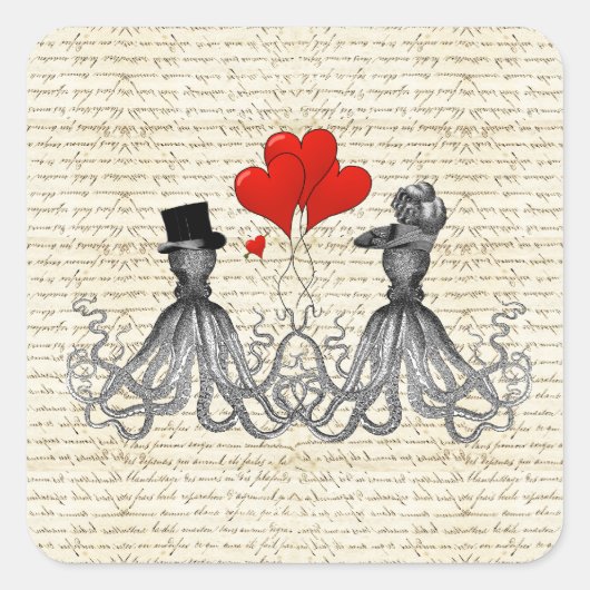  octopi en harten vierkante sticker (Voorkant)