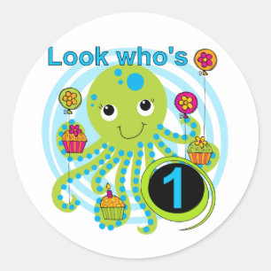 Octopus 1e Verjaardag T-shirts en geschenken Ronde Sticker