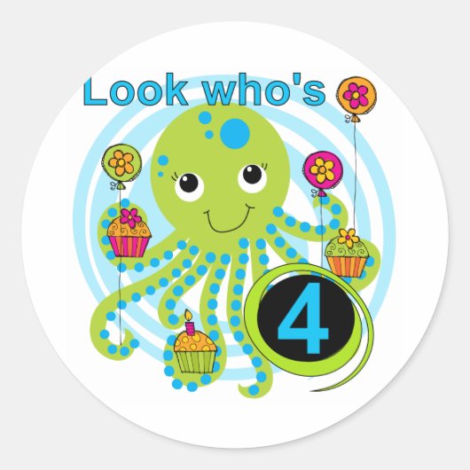 Octopus 4th Birthday T shirten en geschenken Ronde Sticker (Voorkant)