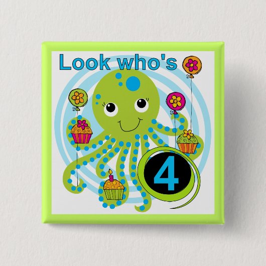 Octopus 4th Birthday T shirten en geschenken Vierkante Button 5,1 Cm (Voorkant)
